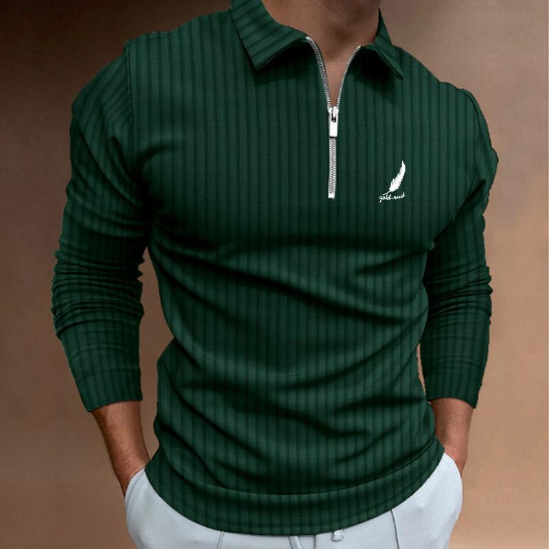Spring and Autumn Men's Striped Printed Zipper Long Sleeve Collar Polo Shirt Breathable and Comfortable Daily Men's Top