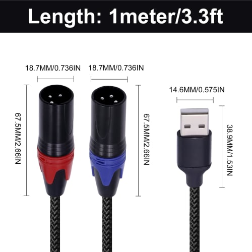 Poyiccot USB To XLR Converter Cable, 1m, USB To 2 XLR Male Cable, Audio Adapter Auxiliary Cable for Mixers, Laptops, and Speakers