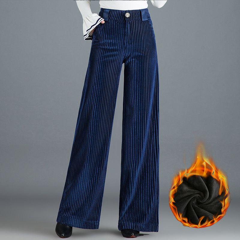 Осенне-зимние женские бархатные брюки Женские однотонные карманы Молния Высокая посадка Полная длина Широкие брюки