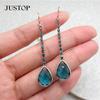 High-end Blue Diamond Droplet Pendant Earrings for Women, Long Tassel Crystal Earrings Simple Light Luxury Zircon Earrings
