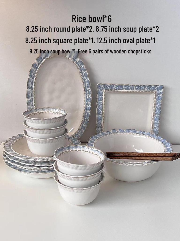 Чувствуй! Набор посуды с синим кружевом: Стейк, Завтрак, Западная кухня, Десерт, Фруктовые тарелки