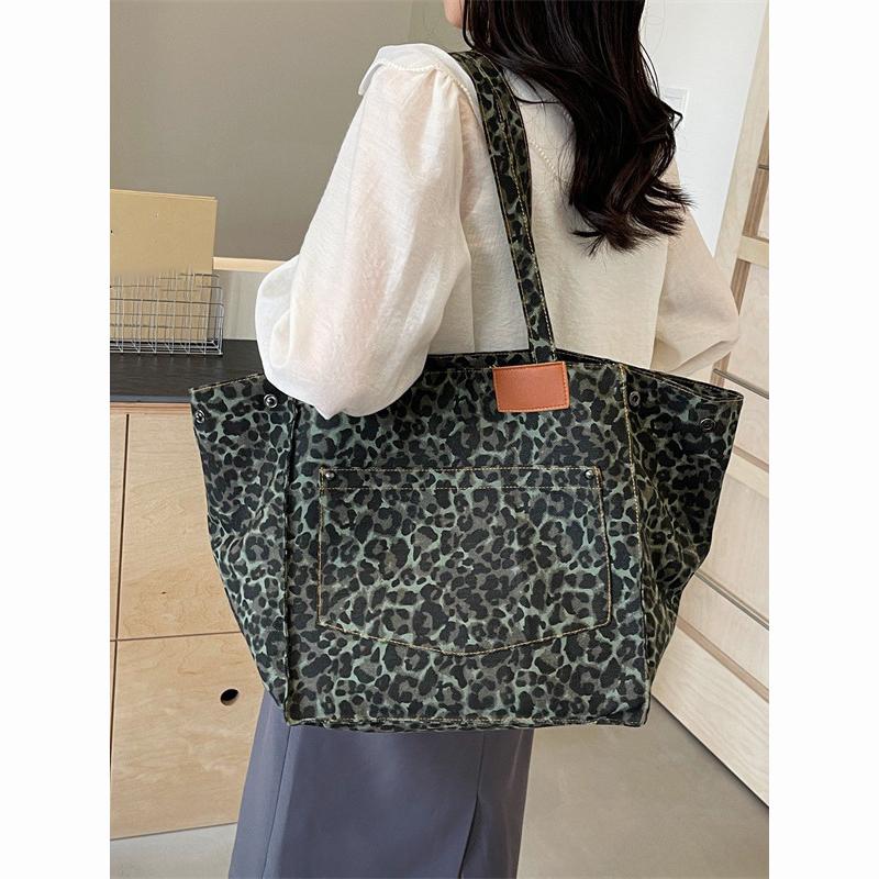 Сумка-тоут с леопардовым узором, винтажная холщовая сумка на плечо, модная большая вместительная сумка для школы, работы, шопинга