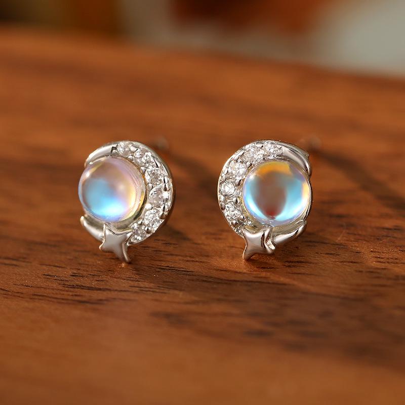 Серьги из серебра 925 пробы с лунным камнем «Под баньяновым деревом» для женщин – Дизайн «Звезда и Луна»