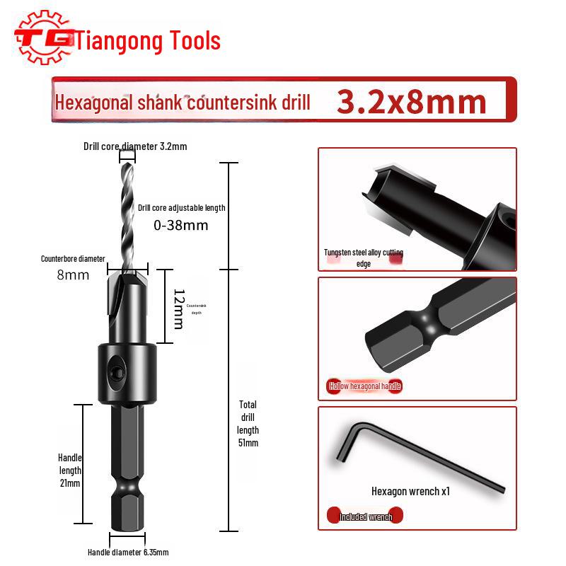Tiangong Сверло зенковочное с шестигранным хвостовиком 90° для саморезов с плоским дном