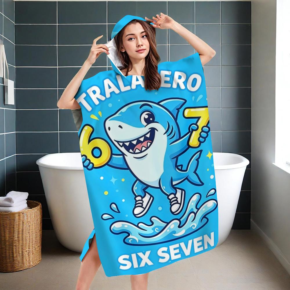 1pc Blue Shark Hooded Beach Towel Bath Robe, Microfiber, Highly Absorbent, Soft Summer Bath Towel for Yoga, Swimming, Fitness