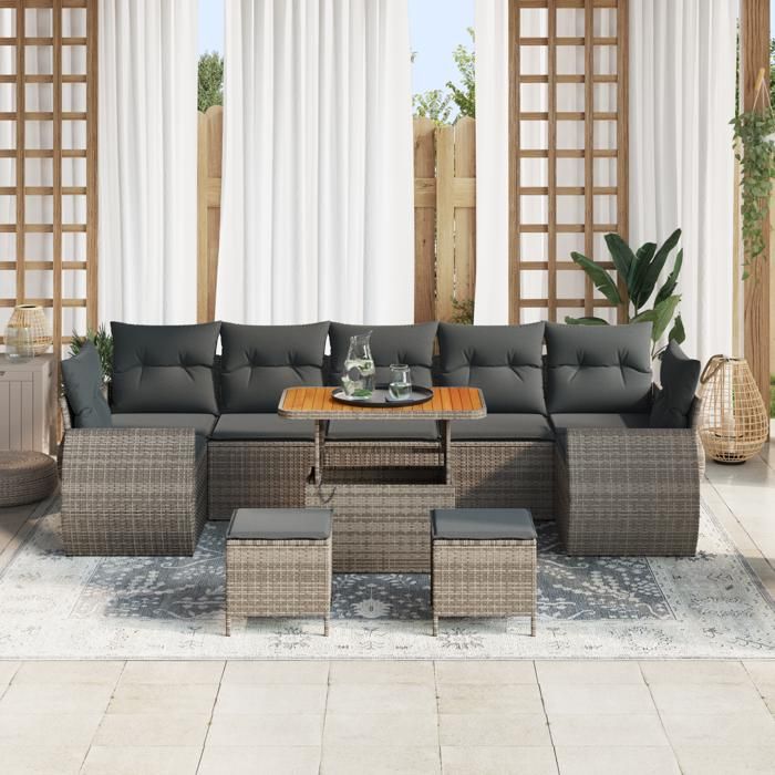 Canapés de Jardin de 10 Pièces avec Coussins Gris Poly Rattan Acacia 3361863