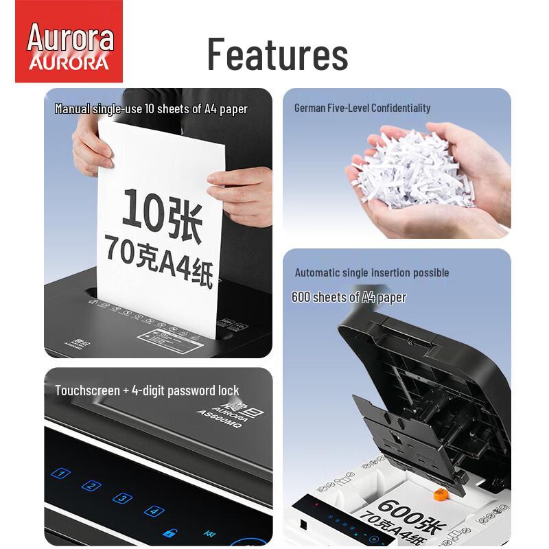 Aurora AS600MQ 600-Sheet Auto-Feed Micro-Cut Shredder CN plug (adapter included)