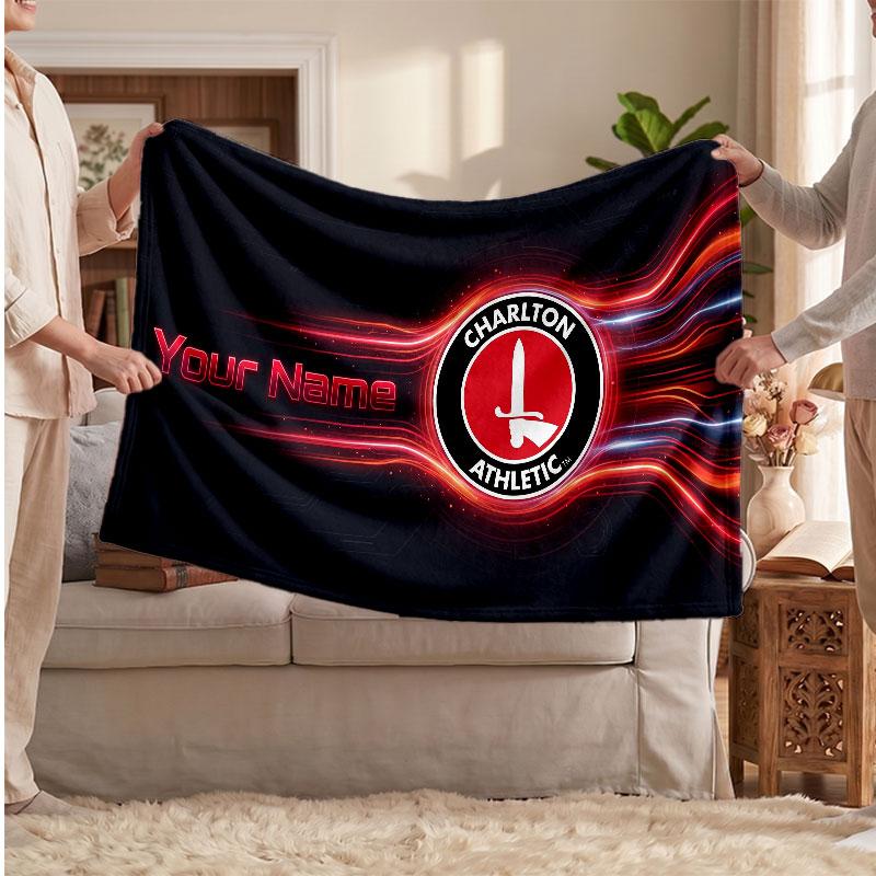 Charlton Athletic Personalized Fleece Blanket With Football Logo, Custom Name Text Soft Warm Home Throw Blanket