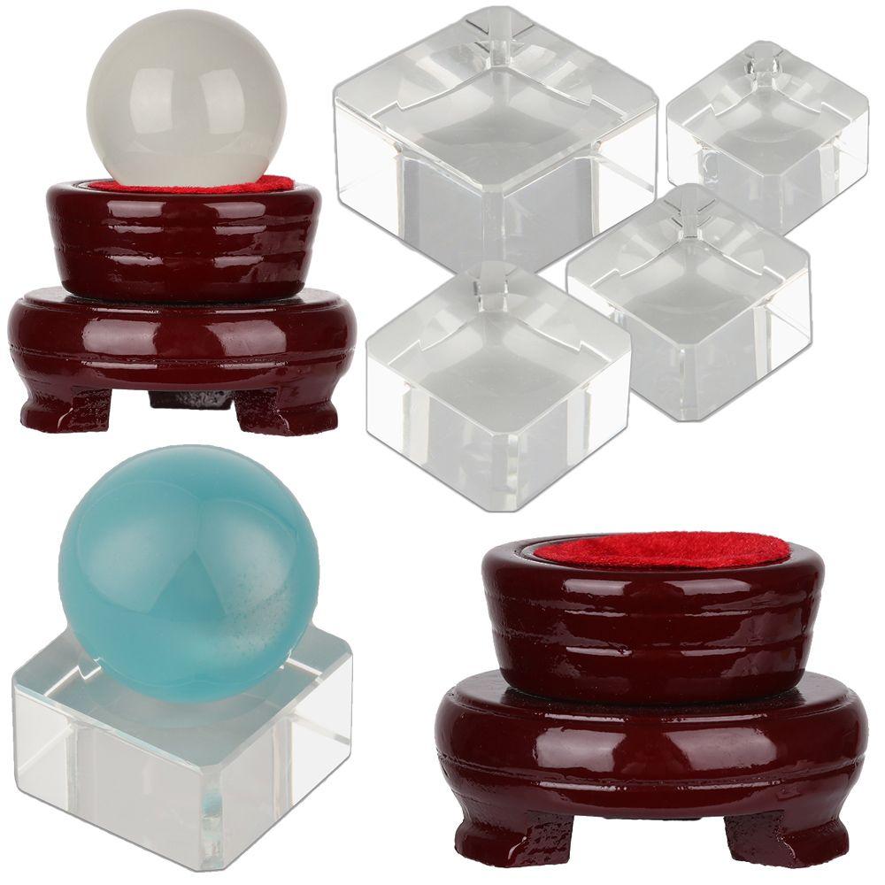 Ornament Home Decoration Square Glass Holder Wood Pedestal Crystal Sphere Base Transparent Support