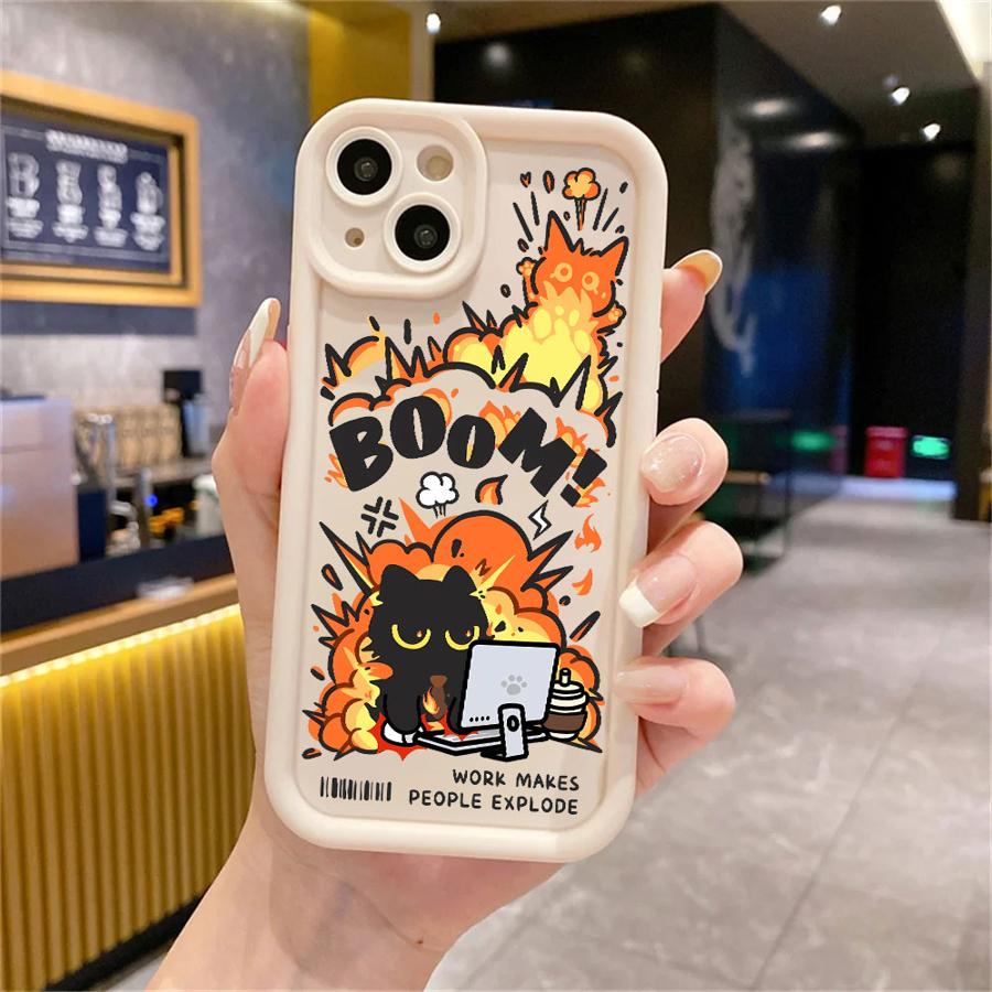 Чехол для Apple iPhone 11 15 Pro Max 14 Plus 13 12 16 Ударопрочный Силиконовый Funda Чехол для телефона Мультяшный Черный Кот Взрыв