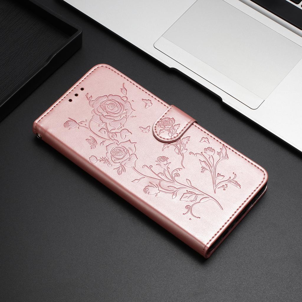 For iPhone 16 Pro Max Wallet Case Rose Pattern Imprinted Leather Flip Stand Phone Cover
