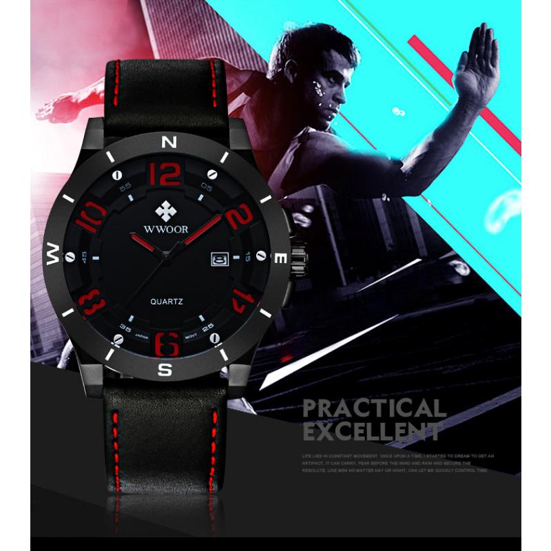 WWOOR Спортивные мужские часы с кожаным ремешком Матовый черный корпус с календарем Водонепроницаемые кварцевые часы