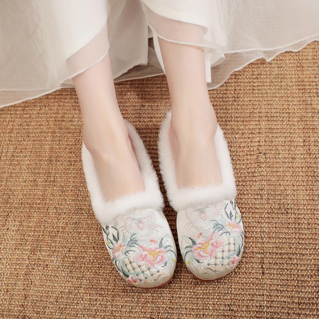 [Meow] 2025 Winter Fleece Old Beijing Cotton Women's Slippers Ethnic Style Embroidery Home Slippers Women