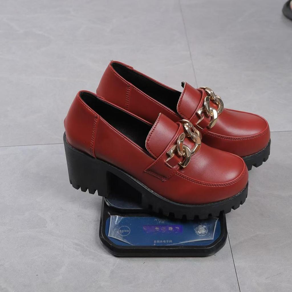 Metal Chain Square Heel Single Shoes Autumn New Round Toe Deep Mouth Platform Non-Slip High Heels