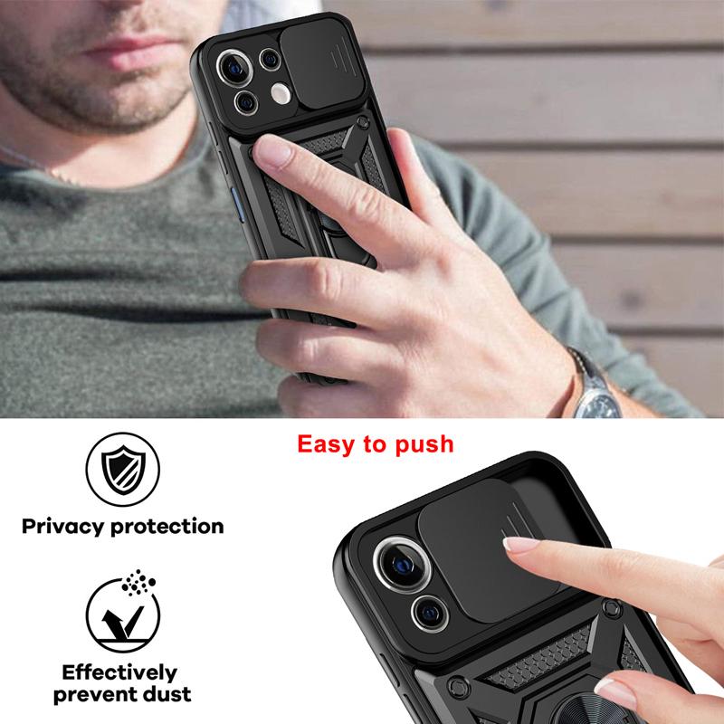 Luxury Sliding Lens Protection Armor Case For iPhone Samsung Huawei Xiaomi Redmi Magnetic Ring Shockproof Cover