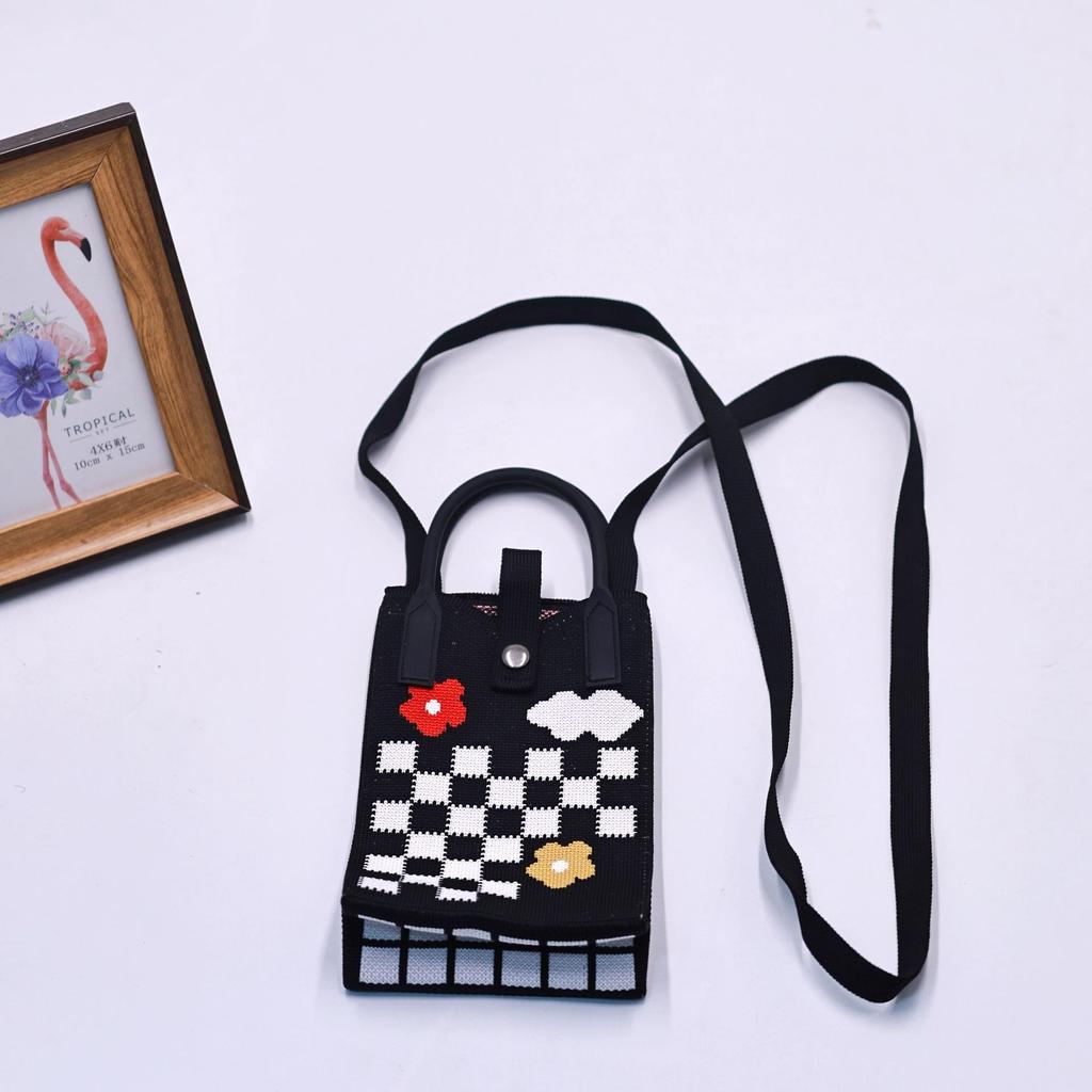 Women Cartoon Knitted Handheld Outdoor Crossbody Bag Leisure Cute Inclined Shoulder Bags Snap Button Mobile Phone Bags