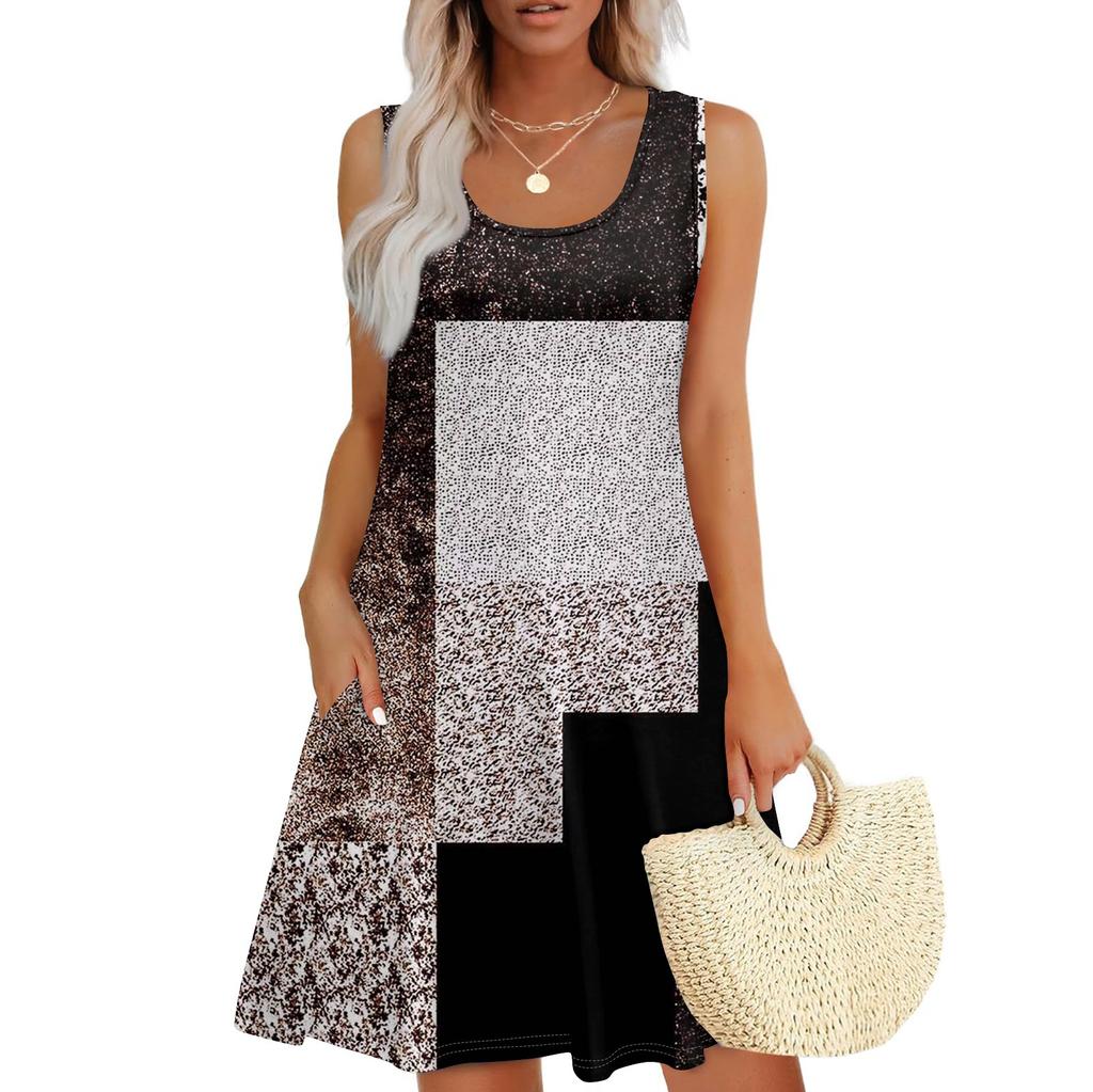 Женское летнее повседневное платье с квадратным вырезом и принтом в стиле пэчворк, платье без рукавов с карманами