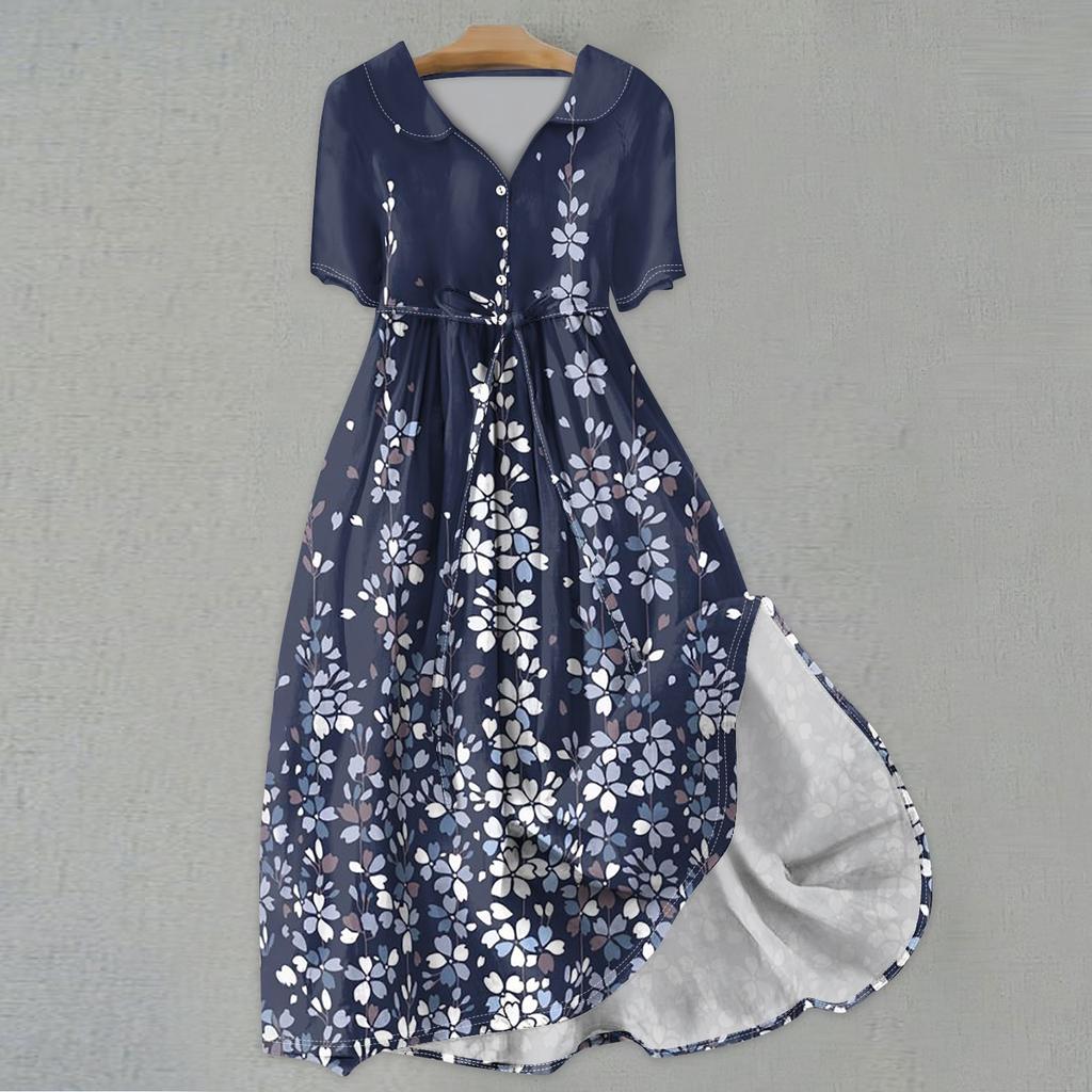 Женская мода повседневное платье с воротником с лацканами и короткими рукавами с принтом и ремнями