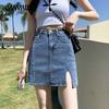 Denim Short Skirt Women's Summer High-waisted Split Elastic Half-body Vintage Hip Skirt Anti-glare A-line Trouser Skirt