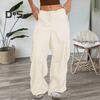 Women Cargo Pants Adjustable Drawstring Wide Leg Summer Trousers with Multi Pockets Low Rise Solid Color Long Pants
