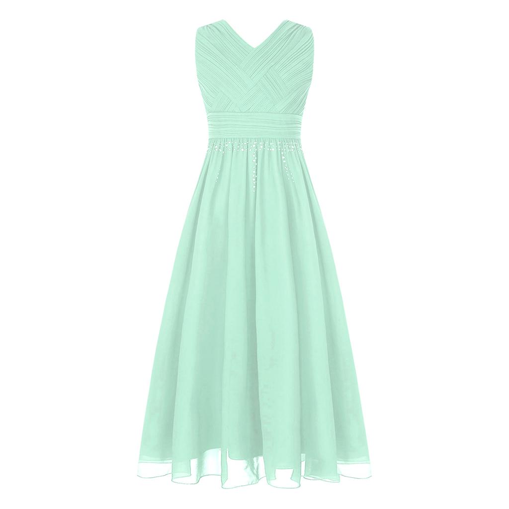 Девочки Блестящее Складчатое Переплетенное Шифоновое Платье V-образный Вырез Без Рукавов Дизайн Платье для Подружки Невесты Длинное Платье Платье для Свадебной Вечеринки