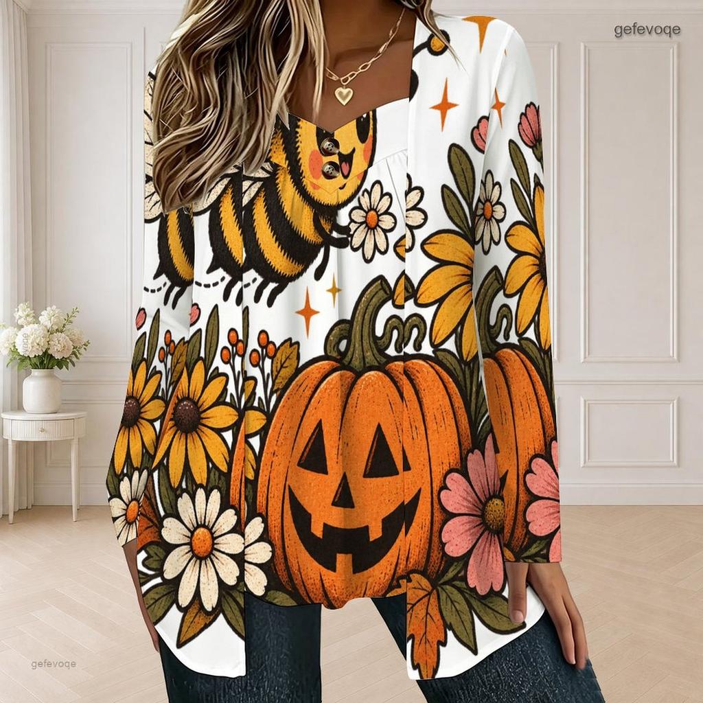 Women Plus Size Square Neck Long Sleeve Halloween Printed Button Detail Faux Two Piece T Shirt