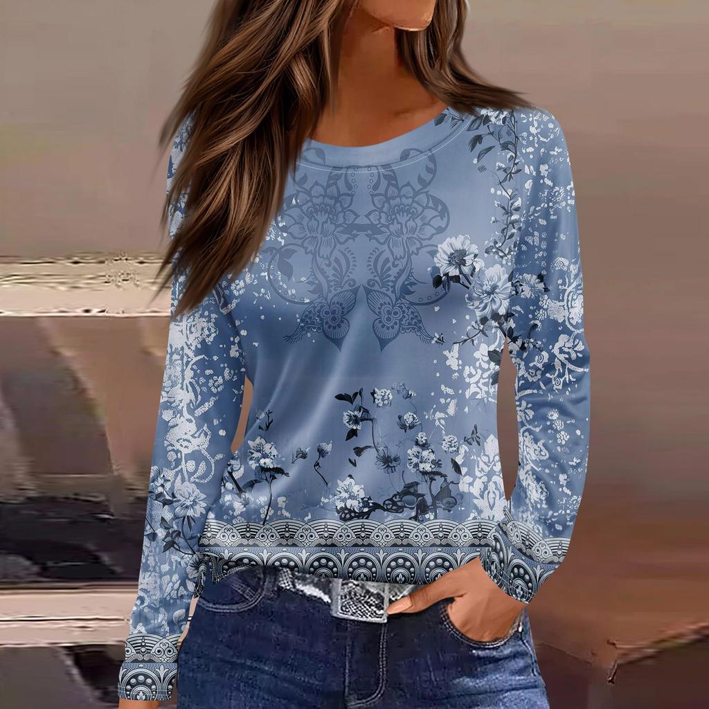 Women's Fashion Casual Slit Hem Round Neck Long Sleeve Loose  Printed T-Shirt Ladies Top