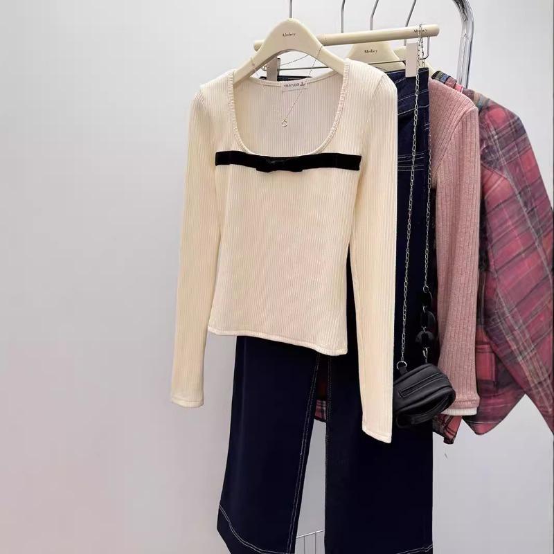 Early Autumn Comfortable Long-sleeved Shirt for Women, Thin, Gentle and Trendy Bow-knot Slim-fit Bottoming Shirt with Collar Top