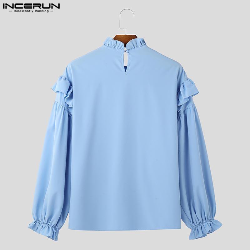 INCERUN Men Elegant Ruffled Neck Shirts Casual Bow Knot Long Sleeve Tops