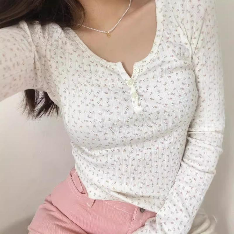Чистое желание воротник-стойка мелкий цветочный на пуговицах плечо с длинным рукавом женский топ осенний облегающий и тонкий омолаживающий bm базовый