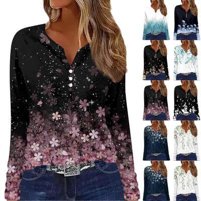 Жен. Футболка Футболка Пуговицы Цветочный принт Длинный рукав Повседневные Выходные Мода Классический Классический V-образный вырез Обычный Топ
