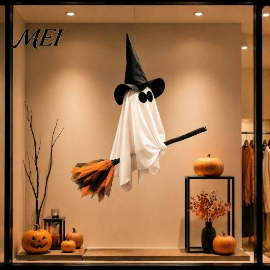 Festive Party Atmosphere Accessory Halloween Ghost Witch Broom Hanging Ornament, Spooky Hat Floating Prop Pendants for Indoor Outdoor Haunted