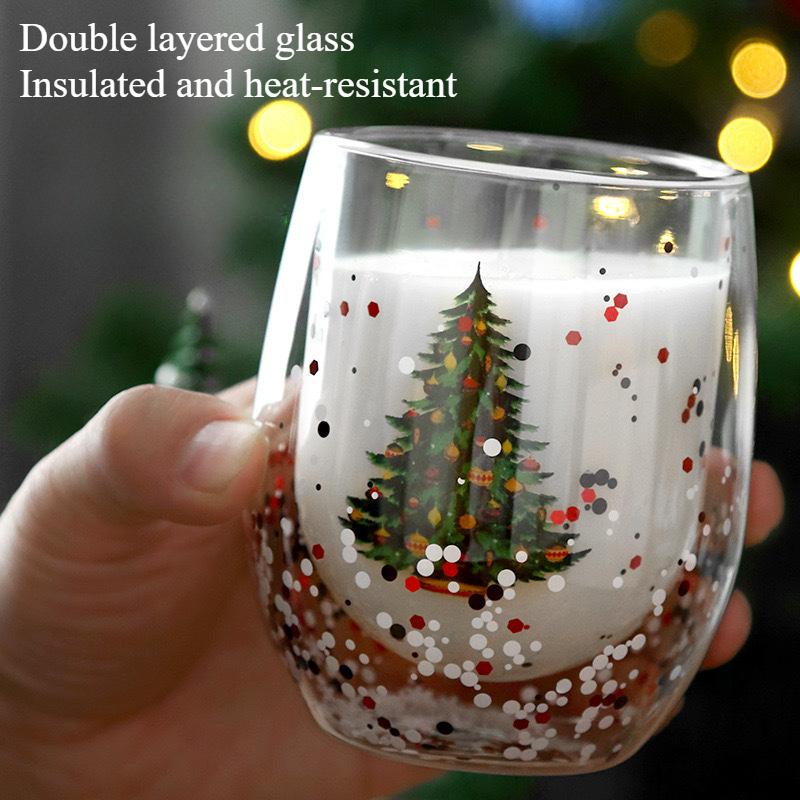 Christmas Double Wall Glass Cup Xmas Gift Star-tree Snowman Heat Resistant Household Milk Juice Beer Teacup Coffee Mug Drinkware