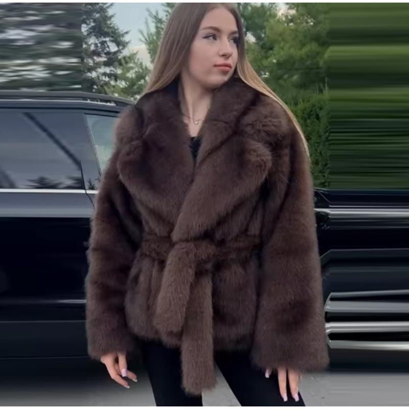 VAYLA Толстое Теплое Пальто из Искусственного Меха для Женщин с Поясом Отложной Воротник Меховые Парки Новая Зимняя Короткая Свободная Пушистая Верхняя Одежда