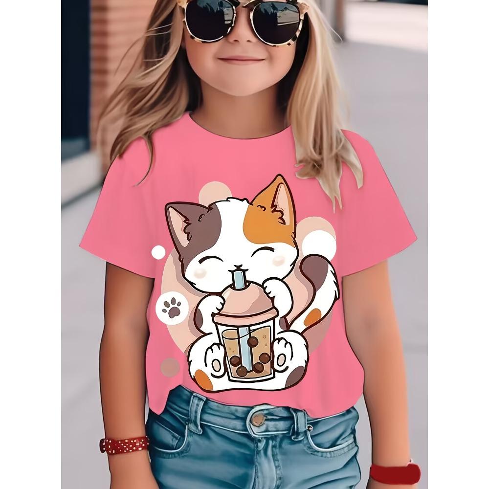 Новая летняя одежда для девочек, мультяшная милая футболка с графикой кошки, топы с коротким рукавом для девочек 4-6 лет, повседневная детская одежда