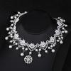 Women Faux Pearl Cubic Zirconia Inlaid Pendant Lace Choker Necklace Headwear