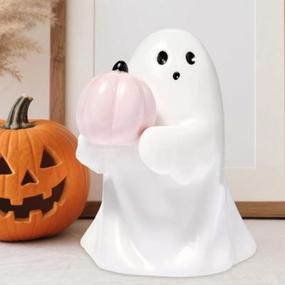 Хэллоуин Фигурка Привидения Милое Маленькое Привидение, Держащее Летучую Мышь/Статуэтка Розовой Тыквы, Полимерная Настольная Фигурка для Книжной Полки, Спальни, Домашнего Декора