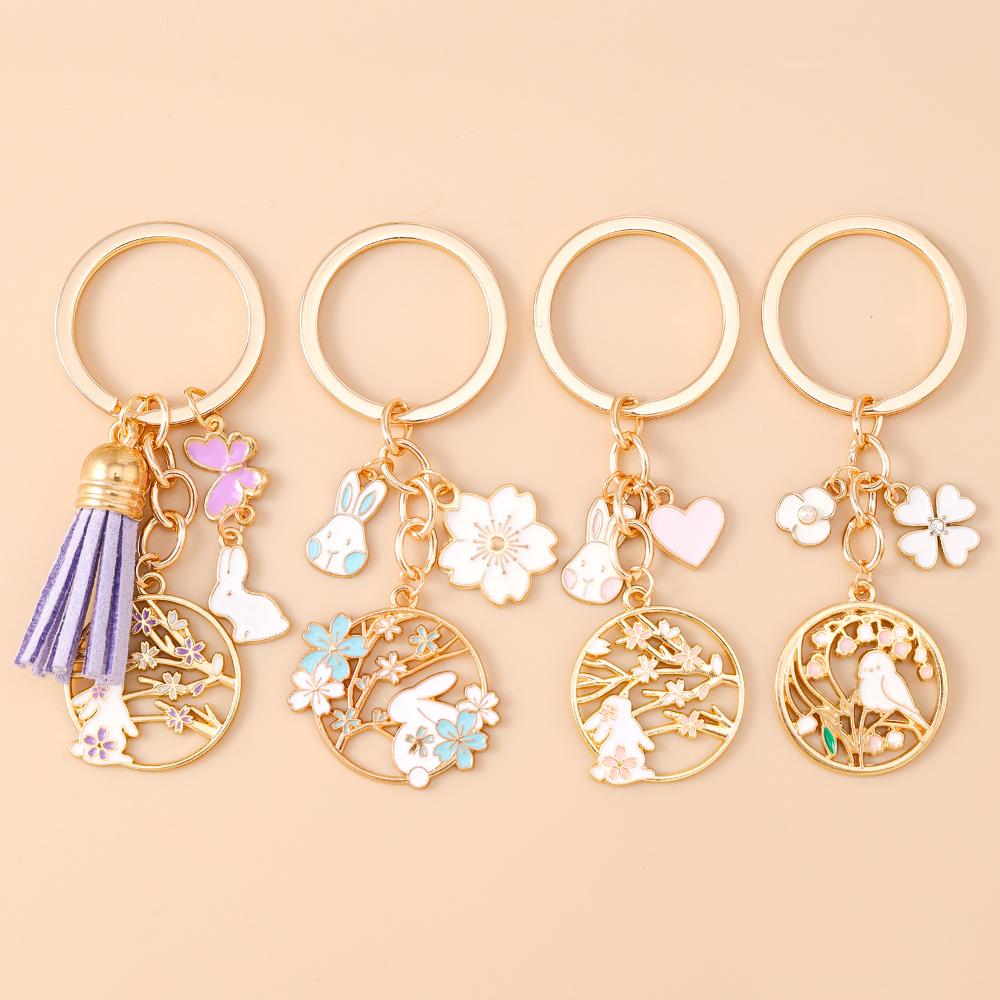 Cute Enamel Cartoon Animal Rabbit Cat Keychain Women Girls Flower Key Ring Pendants Handbag Decor DIY Handmade Jewelry Gifts