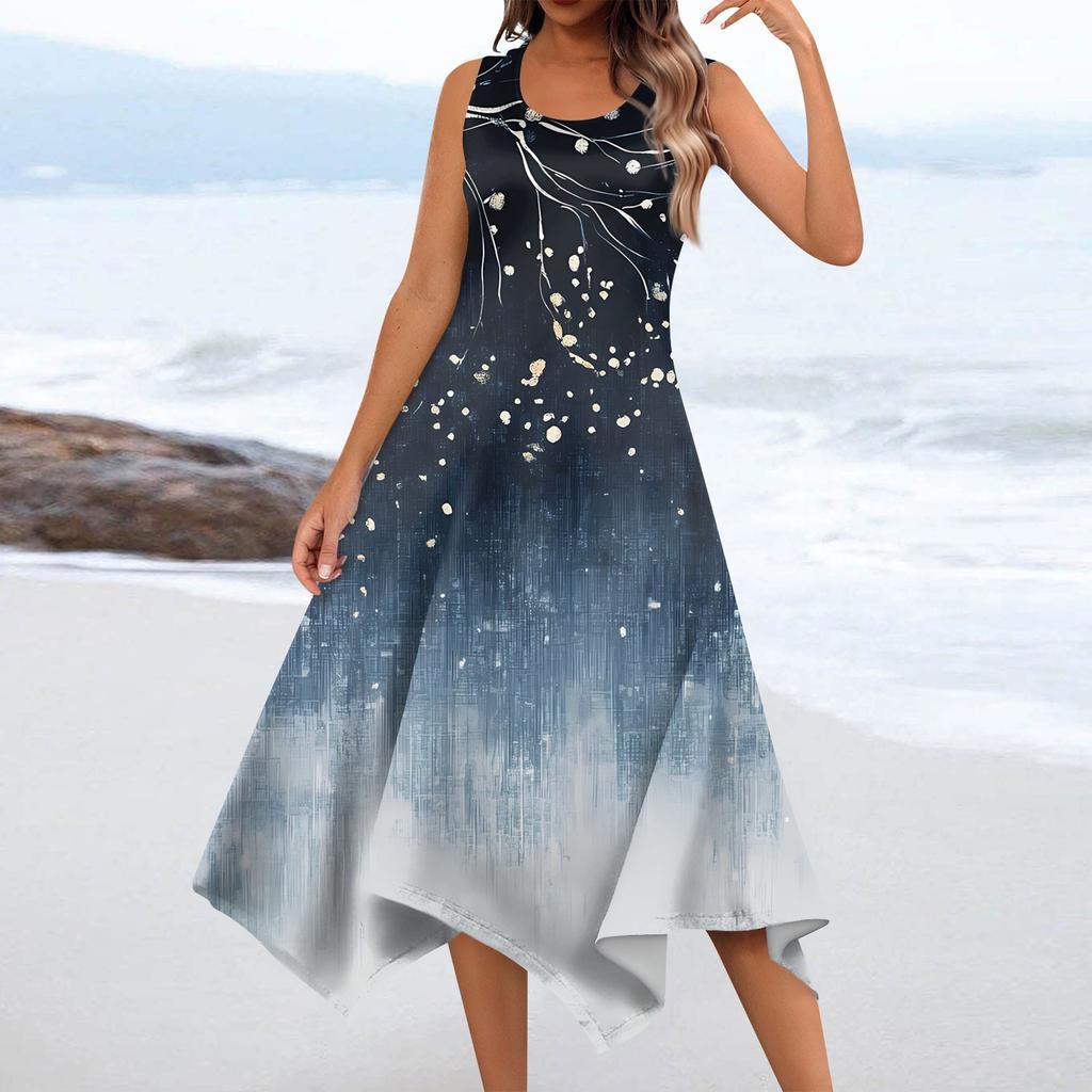 Женское повседневное модное платье миди без рукавов с круглым вырезом и цветочным принтом, нерегулярный подол