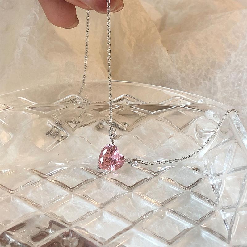 Блестящий циркон розовое сердце ожерелье кулон для женщин девочек вечерние украшения подвеска ожерелье ключица цепочка подарки