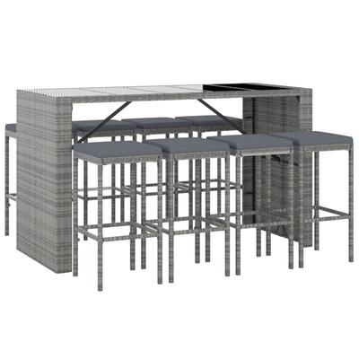 9 Piece Garden Bar Set with Cushions Gray Poly Rattan