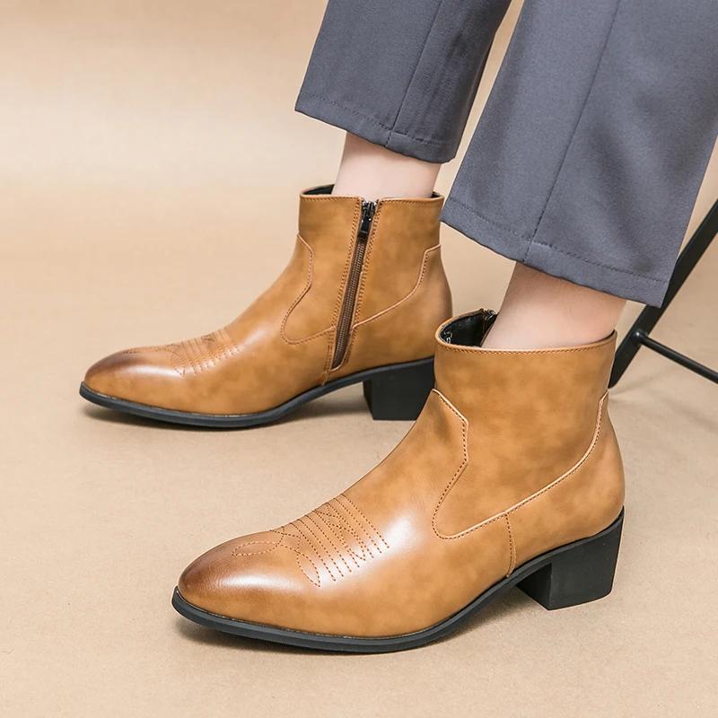 Черные ковбойские ботинки в стиле вестерн для мужчин, коричневые ковбойские ботинки челси, деловые ботинки на молнии, размер 38-46