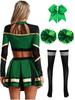 Women Cheerleading Performance Dance Outfit Long Sleeve Mock Neck Rhinestones Crop Top Pleated Skirt Hair Tie Set