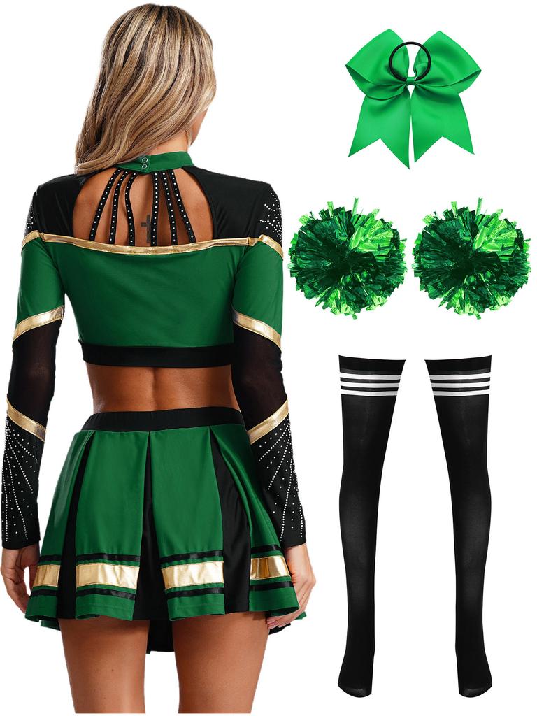 Women Cheerleading Performance Dance Outfit Long Sleeve Mock Neck Rhinestones Crop Top Pleated Skirt Hair Tie Set