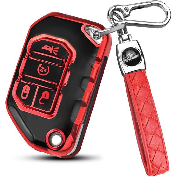 QBUC Чехол для брелока ключа Jeep с брелоком, совместимый с Jeep Wrangler JLU JL Gladiator Rubicon JT, складным ключом автомобиля (розовый)