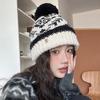 Women's Fair Isle Fur Pom-Pom Wool Hat with Earmuffs - Warm Knitted Winter Hat