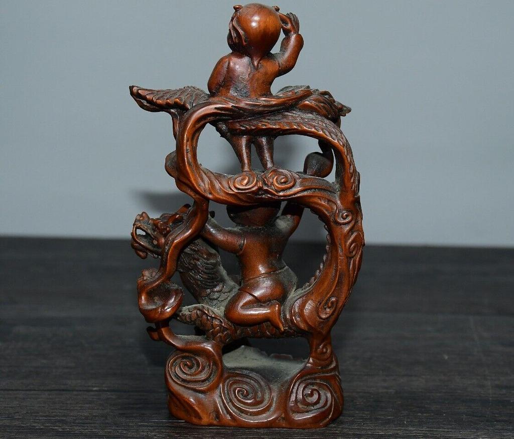China Natural Boxwood Carved Exquisite Dragon Phoenix Children Statue Home Decor