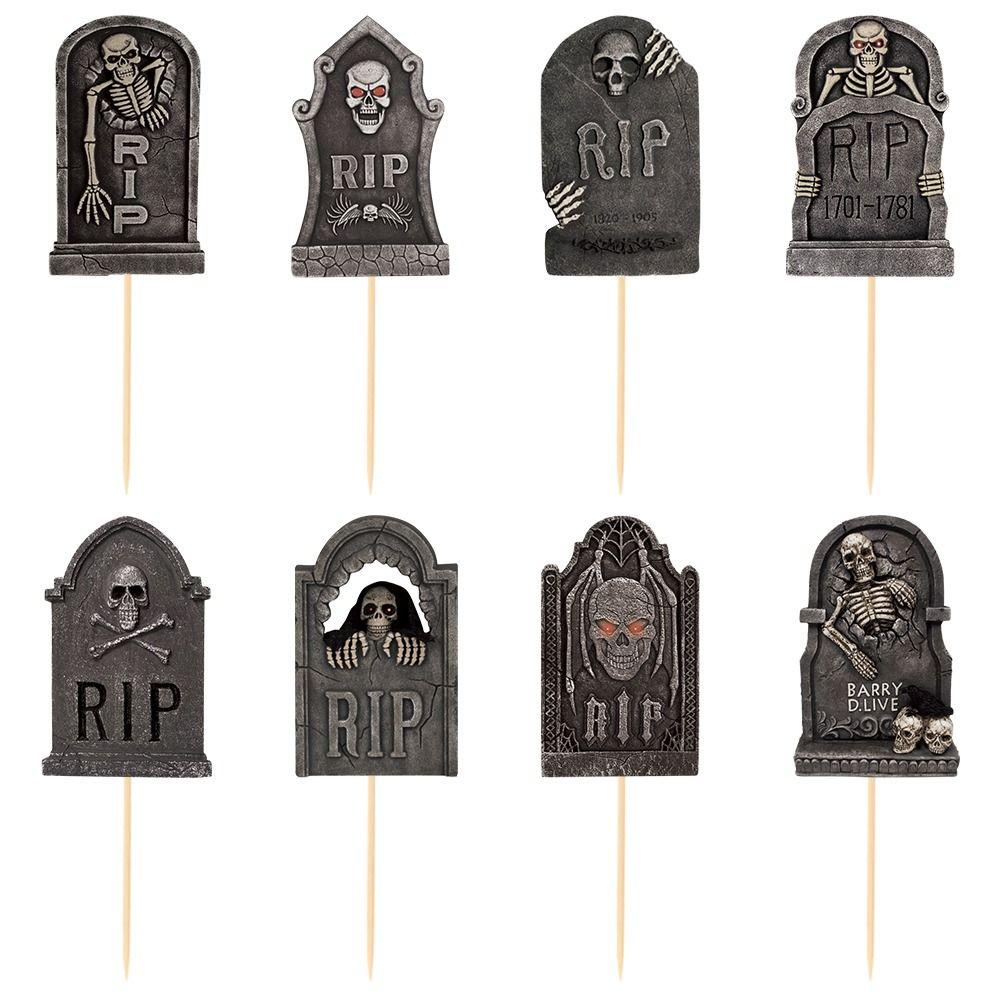8pcs Paper Halloween Tombstone Cupcake Toppers Scary Cake Sign Graveyard Cake Picks Ghost Festival