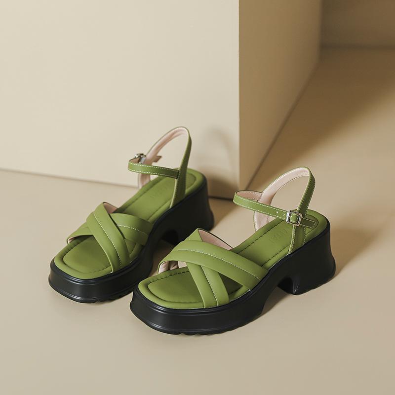 [Горчично-зеленый CHAO белый] Римские босоножки на платформе с толстым каблуком женские туфли на высоком каблуке с перекрестными ремешками и застежкой-пряжкой