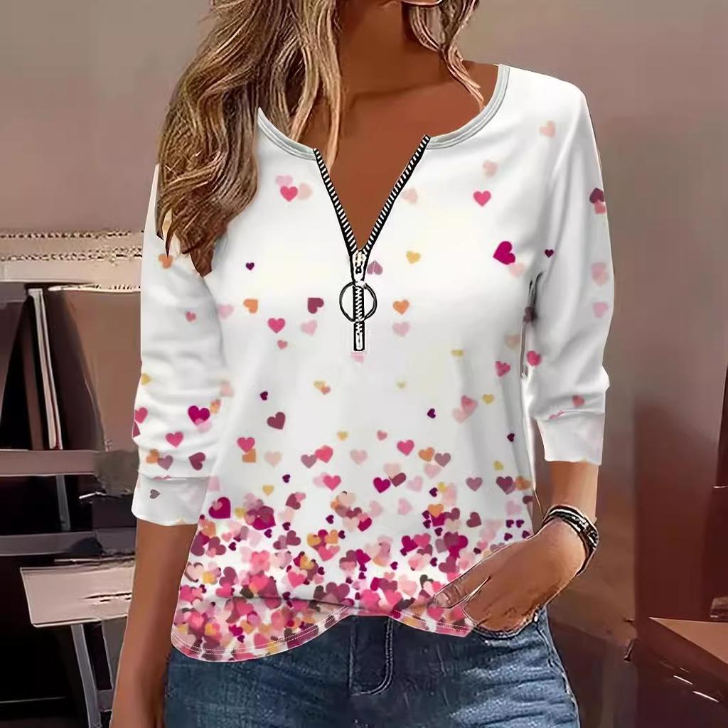 Plus Size Women's Blouse Print Love Print Round Neck Zip Fashion Casual Long Sleeve Top